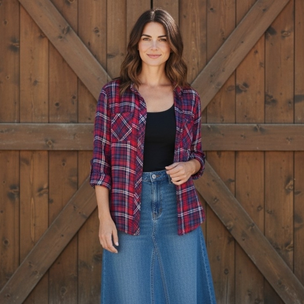 Miami Red And Navy Plaid Flannel Button Down Shirt